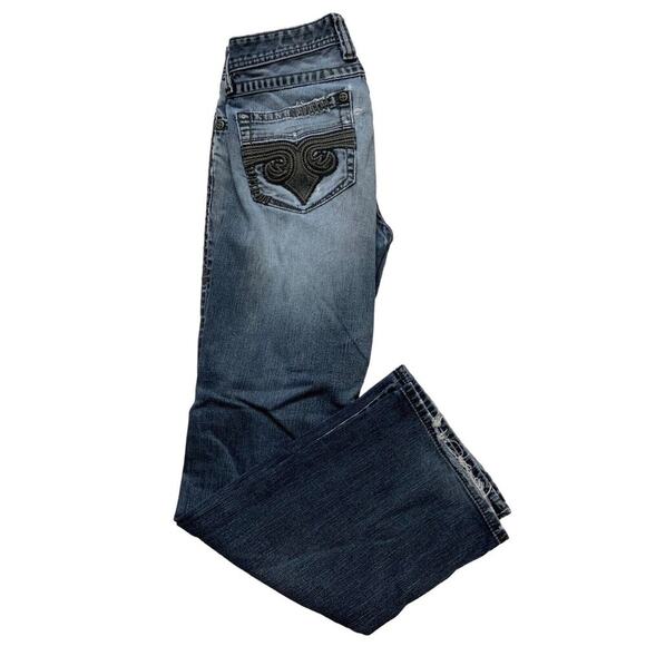 Affliction Cooper Buckle Denim Jeans 32R Distressed Dark Wash Stretch Blue - Picture 7 of 13